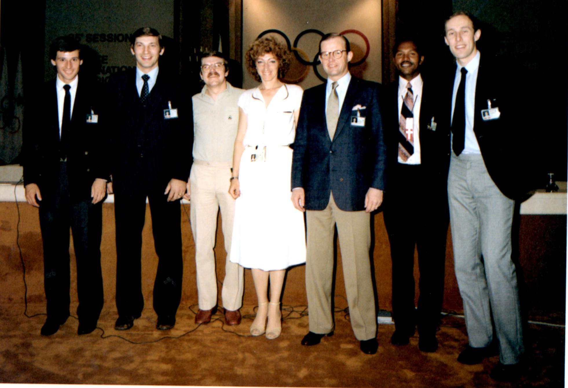 Sebastian Coe, Vladislav Tretiak, Thomas Bach, Svetla Otzetova, Peter Tallberg, Kip Keino and Ivar Formo of the IOC's first Athletes' Commission