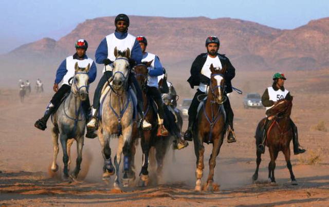 Sheikh Mohammed (second from right) takes part in an endurance race which faces an uncertain future according to Belgian Pierre Arnould