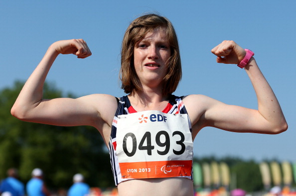 Sophie Hahn celebrates her 100m gold medal at the 2013 IPC World Championships in Lyon