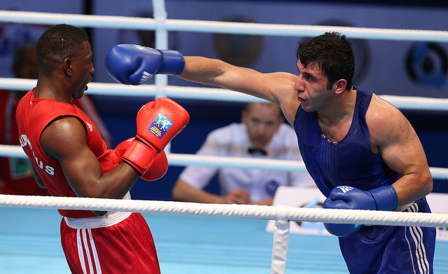 St Pierre Joseph of Mauritius took on Turkeys Yildirim Avni on day three of the World Boxing Championships in Almaty