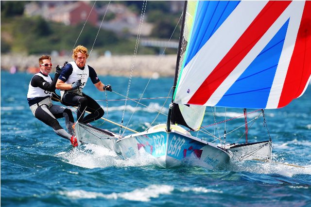 Steve Morrison (left) and Ben Rhodes in action during the London 2012 49er competition in Weymouth