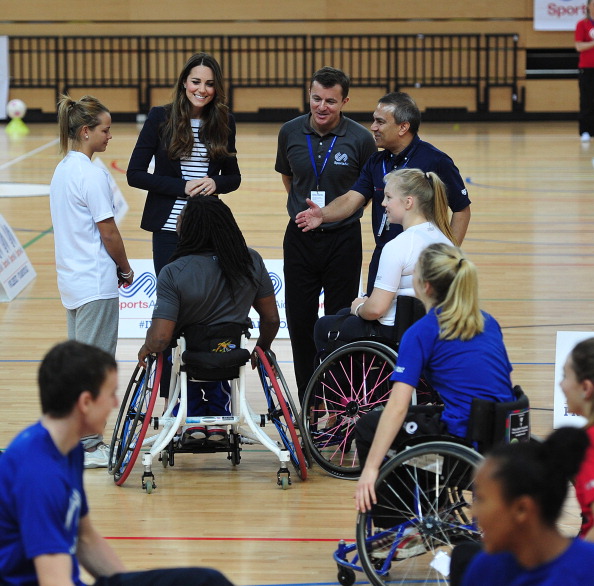 The Duchess of Cambridge speaks to wheelchair basketball players and coaches