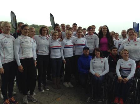 The Great Britain canoe and Para canoe teams pose in typical wintry conditions on the Thames