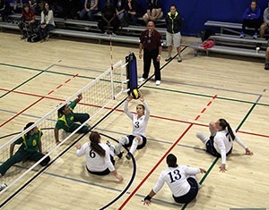 The US womens sitting volleyball team on  way to victory over Brazil at the Pan American Zonal Championships
