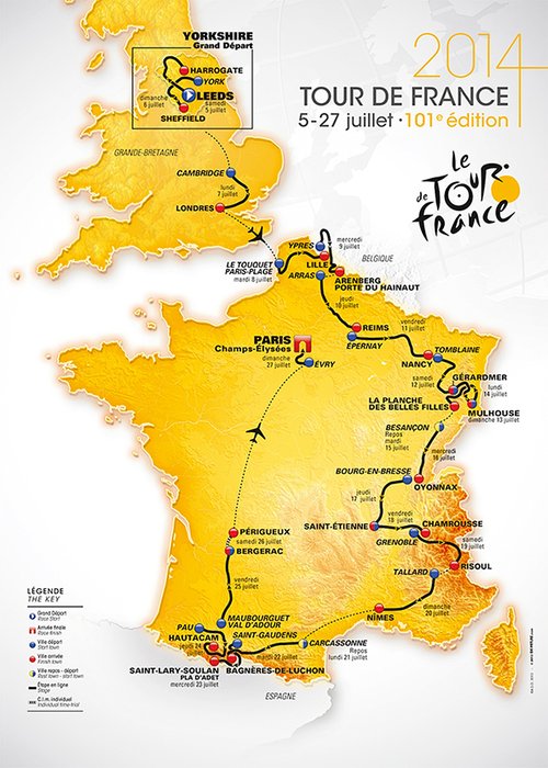 The route for the 2014 Tour de France starting in Leeds and ending in Paris