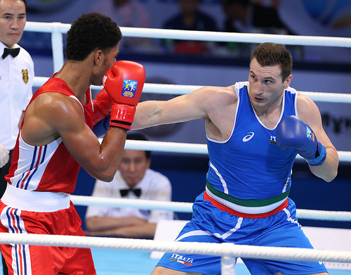Three time Olympic medallist Roberto Cammarelle blue was back in the ring today fighting Tony Yoka of France on day six of the World Boxing Championships in Almaty