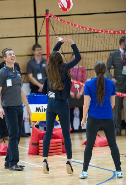 Unconventional footwear maybe but the Duchess of Cambridge enjoyed trying out volleyball as part of the Sports Aid workshop