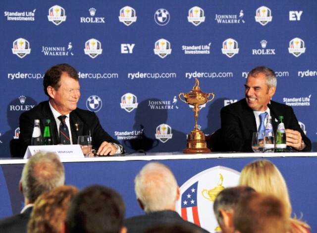 Watson and McGinley share a joke at the one-year-to-go press conference in the Geneagles Hotel were the eyes of the golfing world be fixated next September