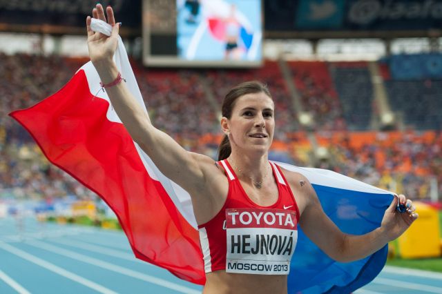 Zuzana Hejnová celebrates winning the 400 metres hurdles at the IAAF World Championships in Moscow