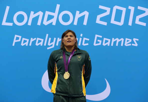 Natalie du Toit celebrates one of the three gold medals she won at the London 2012 Paralympics