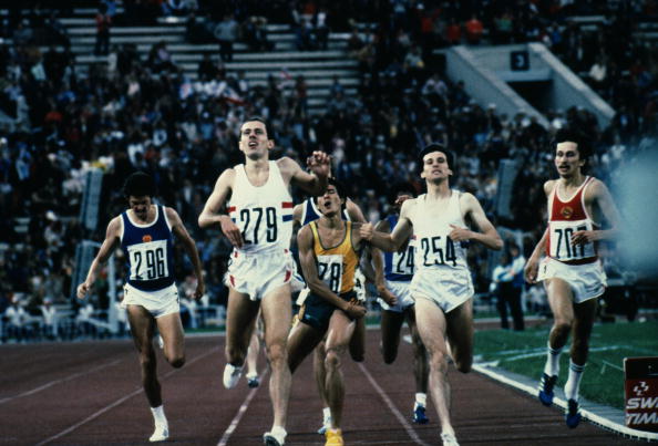 Steve Ovett victorious as he beats Sebastian Coe to the line in the Moscow 1980 800m