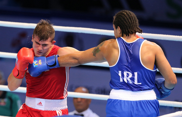 Bulgaria's Nikolay Mutavski takes on Ireland's Thomas McCarthy in the heavyweight division on the opening day of the AIBA World Boxing Championships