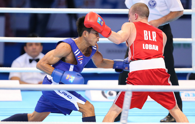 Belarus' Siarhei Loban takes on Thailand's Chatchai Butdee in the flyweight division on the opening day of the AIBA World Boxing Championships in Almaty