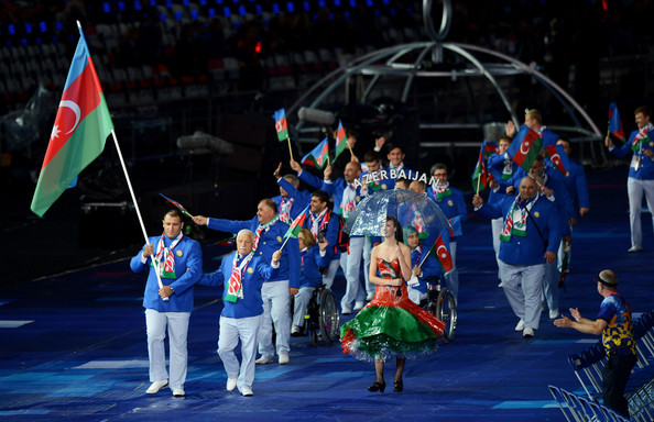 Double Paralympic gold medallist Ilham Zakiyev carries Azerbaijan's flag during the Opening Ceremony of London 2012