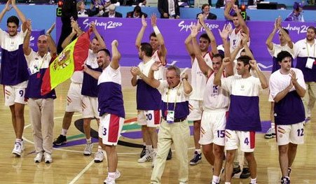 Spain's basketball players celebrate the gold medal they won in the intellectually disabled category at Sydney 2000 only for them to be stripped of it following allegations that they had cheated