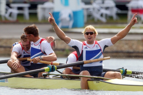 Andrew Triggs Hodge celebrates after winning gold in the coxless fours at the London 2012 Games ©Getty Images