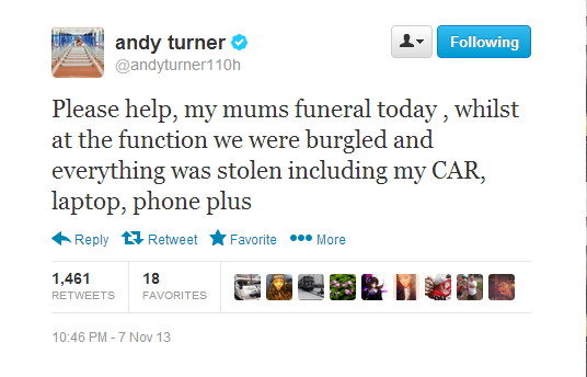 Andy Turner announced the burglary via social media