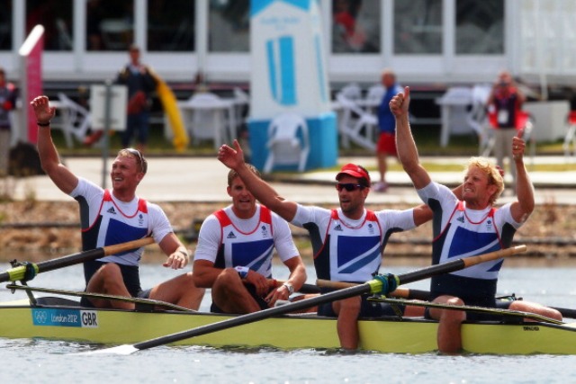 From left to right: Alex Gregory, Pete Reed, Tom James and Andrew Triggs Hodge were the sixth crew to be coached to Olympic glory by Jurgen Grobler © AFP/Getty Images