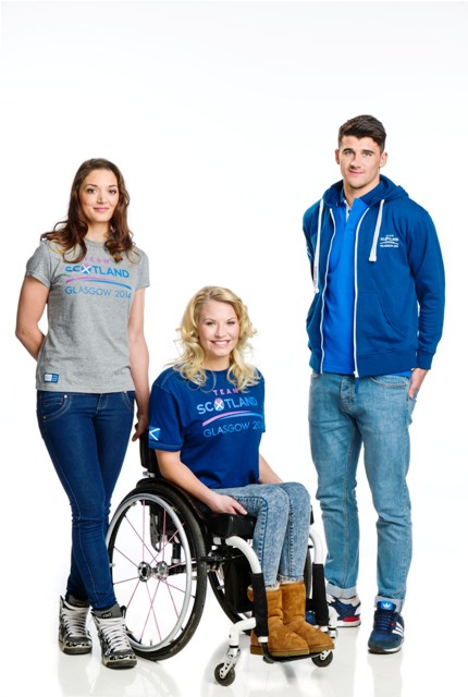 From left to right: Charline Joiner, Samantha Kinghorn and Guy Learmonth showcase the new range of Team Scotland leisurewear ©Glasgow2014