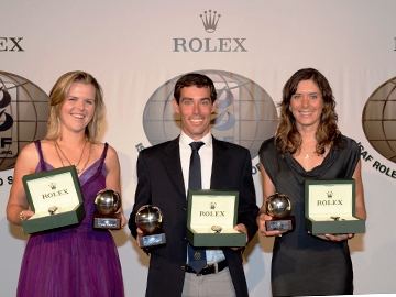 ISAF World Sailor of the Year winners Matt Belcher flanked by Polly Powrie (left) and Jo Aleh