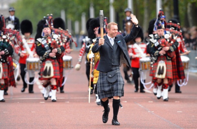 Multi-Olympic champion Sir Chris Hoy was on-hand to deliver the Queen's Baton at the launch of the Relay outside Buckingham Palace last month © AFP/Getty Images