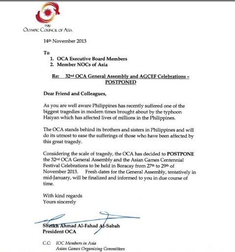 OCA President Sheikh Ahmad has written to Executive Board Members and all Asian NOCs confirming the postponement of the OCA General Assembly in Boracay