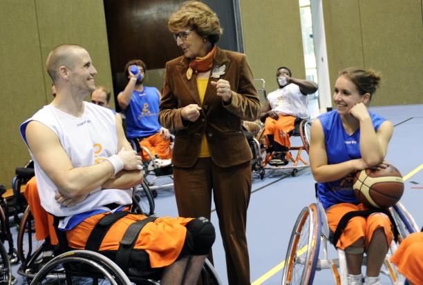 Princess Margriet meets members of the Dutch Wheelchair Basketball team on her royal visit