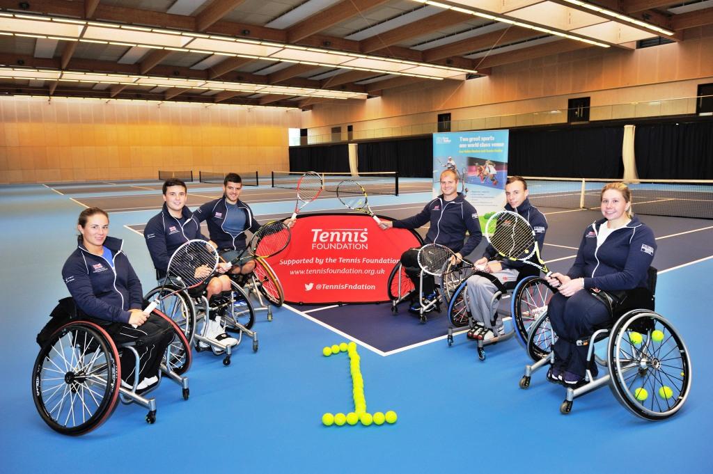 Some of Britain's top wheelchair tennis players at the Lee Valley Hockey and Tennis Centre celebrating one year to go until the NEC Wheelchair Tennis Masters ©Tennis Foundation