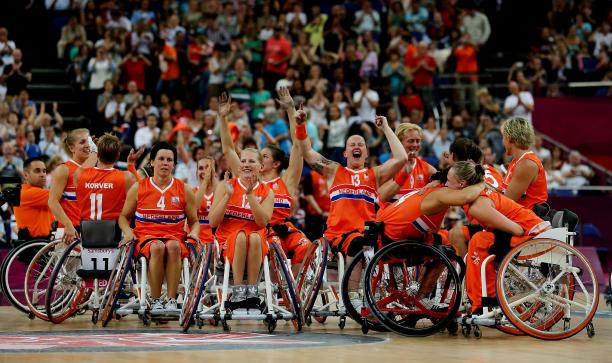 The Netherlands celebrate winning the women's wheelchair basketball gold medal at the London 2012 Paralympic Games ©Getty Images