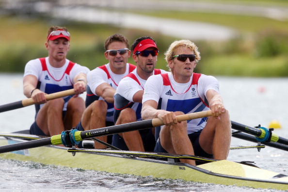 Tom James alongside team mates Alex Gregory, Peter Reed and Andrew Triggs-Hodge on the way to gold at London 2012 ©AFP / Getty Images