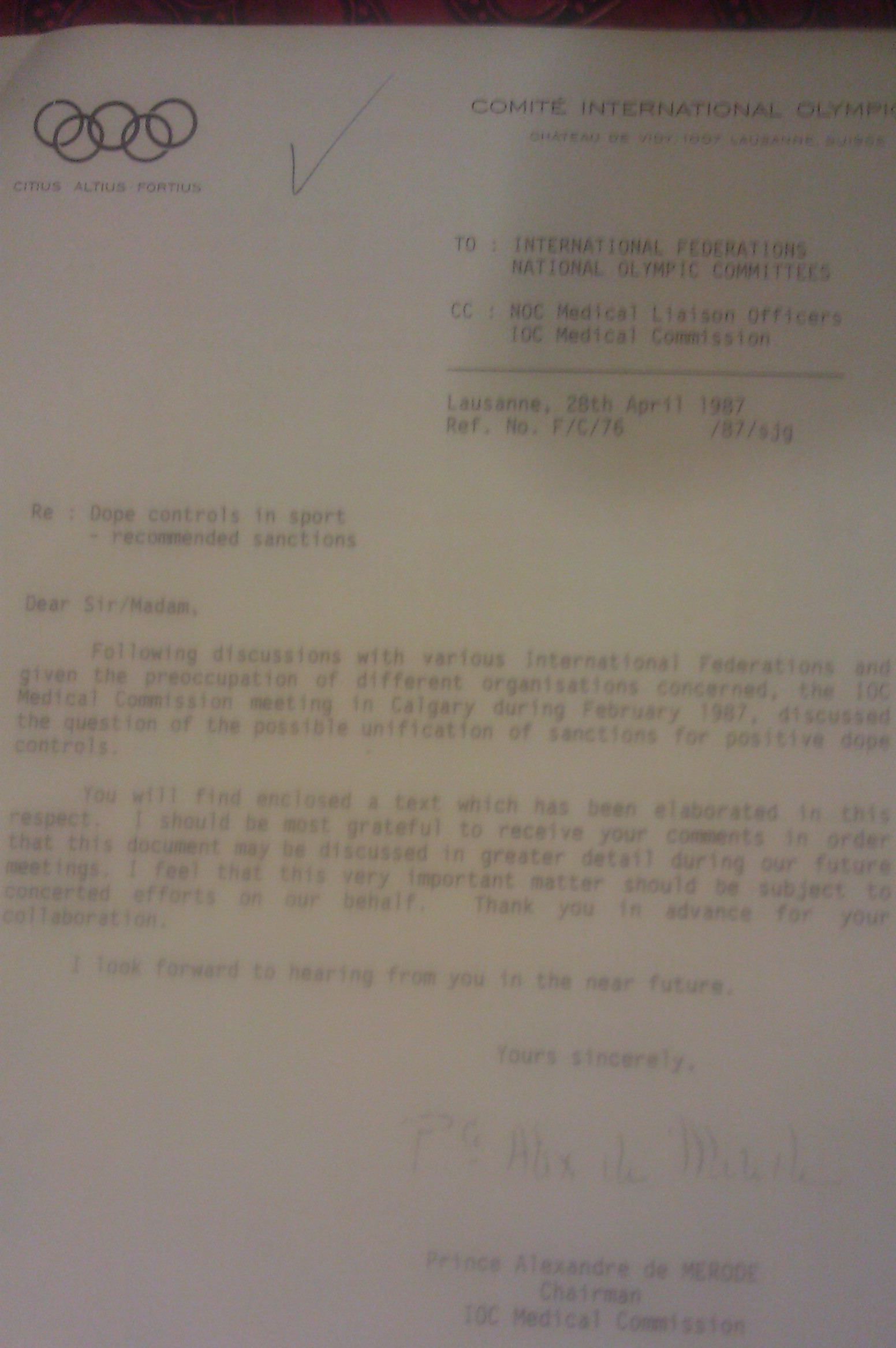 Prince Alexandre of Mérode's early circular which signalled the start of the IOC's fight against doping in 1987