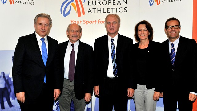 European Athletics President Hansjörg Wirz and director general Christian Milz with Berlin Mayor Klaus Wowereit, DLV President Dr. Clemens Prokop and vice-president Dagmar Freitag after Berlin was awarded the 2018 European Athletics Championships