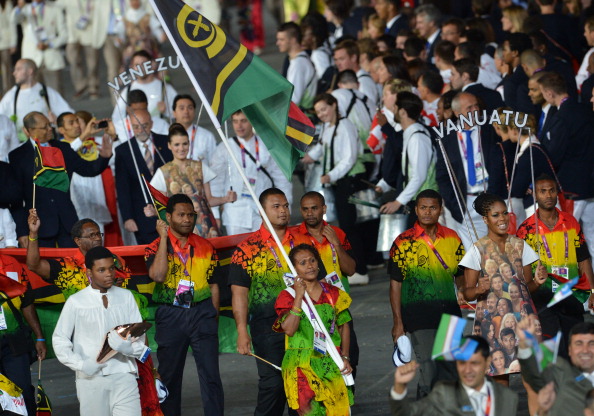 Vanuatu's athletes at the London 2012 Opening Ceremony - the women beach volleyball players narrowly failed to qualify