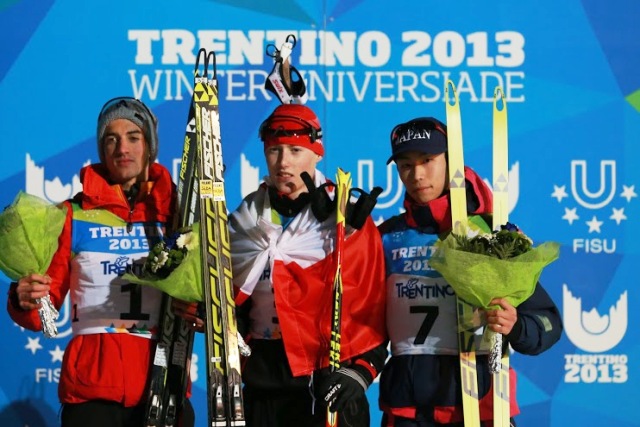Adam Cieslar of Poland (centre) proved the main man in Predazzo today ©Pierre Teyssot/Trentino 2013 Universiade