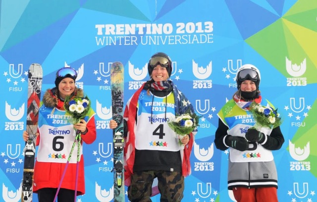 Alexis Keeney (centre) celebrates receiving her gold medal in Monte Bondone today ©Daniele Mosna/Trentino 2013 Universiade