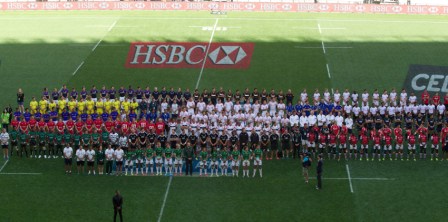 All 16 competing nations met inside the Nelson Mandela Stadium to honour the former South African President who passed away last week ©IRB