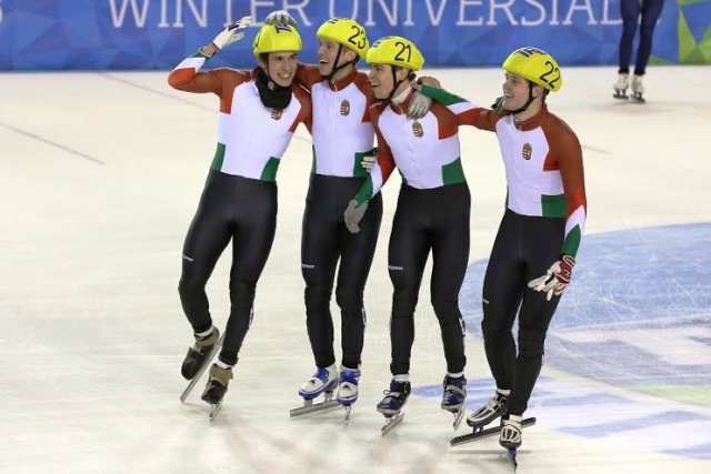 Delight for Hungary's short track speed skating relay team as they clinched top spot today ©Matteo Bettega/Trentino 2013 Universiade