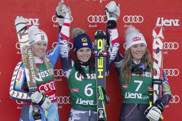 Fenninger (centre) wins the giant slalom event on the exact same date for the third successive year ©Getty Images