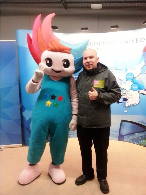Gwangju 2015 mascot Nuribi has been one of the more colourful characters I have met in Trentino so far ©Gary Anderson/ITG