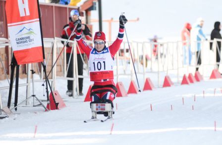 Norway's Mariann Marthinsen celebrates the second of her two gold medals in Canmore ©Dan Patterson/IPC