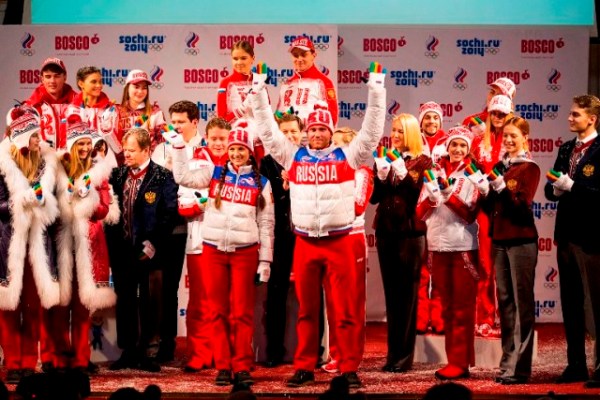 Russian athletes parade in their Sochi 2014 uniforms at the unveiling in Red Square ©BoscoSport