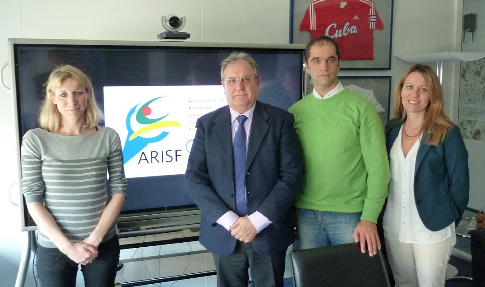 Sophie Gérard, Riccardo Fraccari, İsrafil Aşurlı and Francesca Fabretto meet to discuss the UIAA's bid for Winter Olympic Games inclusion ©ARISF