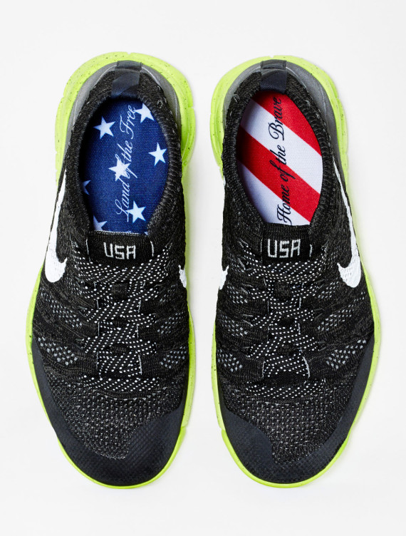 The Flyknit Trainer Chukka FSB shoes are inscribed with patriotic messages over the famous stars and stripes of the US flag ©Nike Inc
