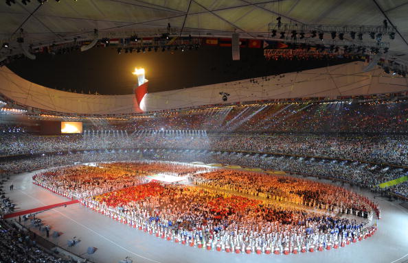 The Olympic Flame is lit in the "Bird's Nest" Stadium during Beijing 2008 ©Bob Thomas/Getty Images