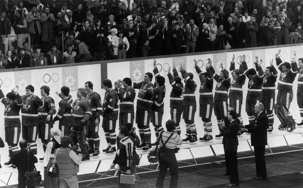 The Soviet Union celebrate after defeating Czechoslovakia to win the men's title at the 1984 Olympic Ice Hockey competition in Sarajevo ©AFP/Getty Images
