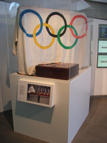 The ceremonial handover flag on display in London's City Hall before the 2012 Olympic Games ©Philip Barker