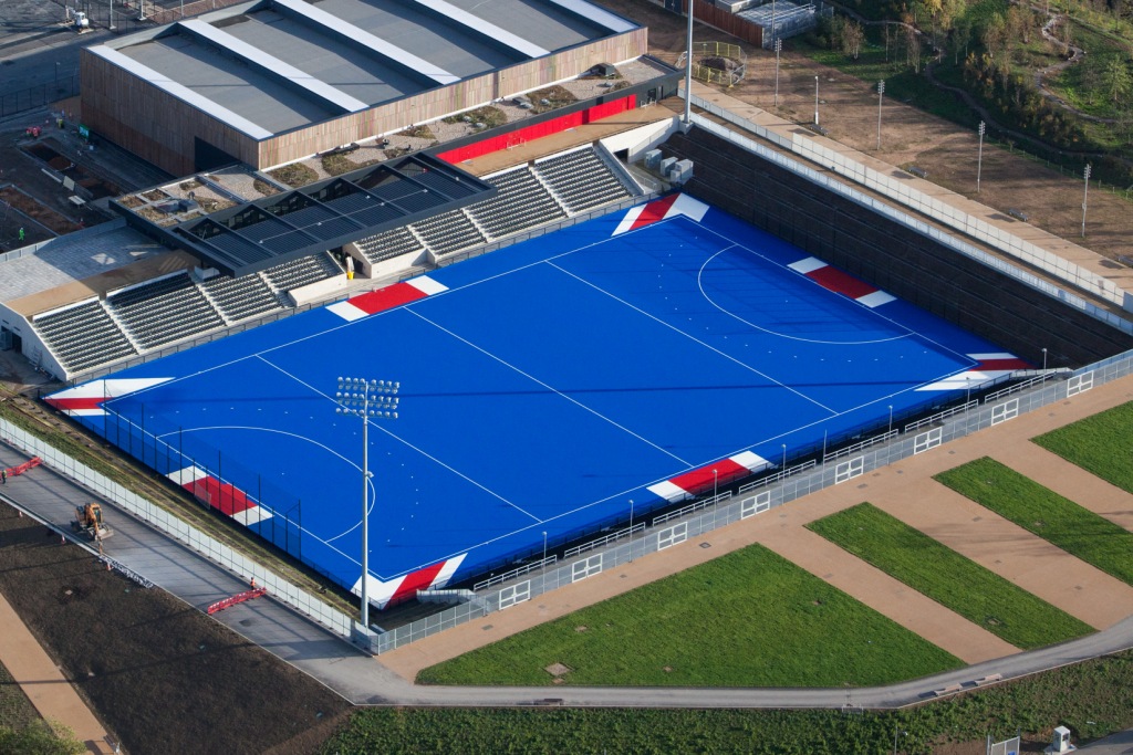 Two new hockey pitches featuring a Union Jack inspired design have been revealed at the Lee Valley Hockey and Tennis Centre ©London Legacy Development Corporation