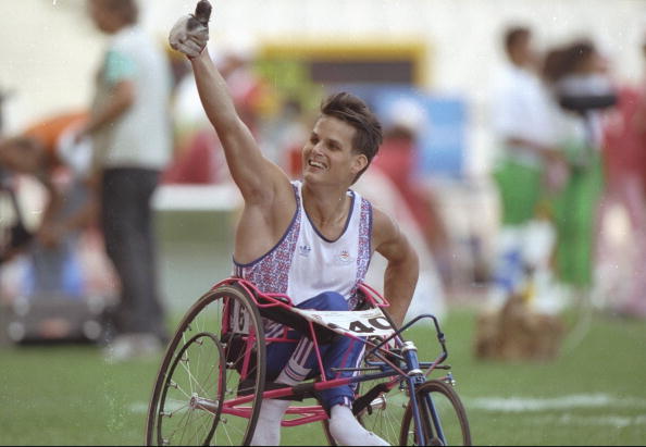 Britain’s Andrew Hodge celebrates after winning a gold medal in the 100 metres at the 1992 Barcelona Paralympics, the second for which Ottobock provided technical support @Getty Images