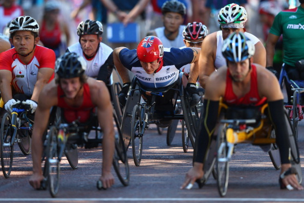 Britain's David Weir, eventual winner of the London 2012 Paralympic marathon, gets to grips with the opposition in an event for which Ottobock provided mobile repair services @Getty Images