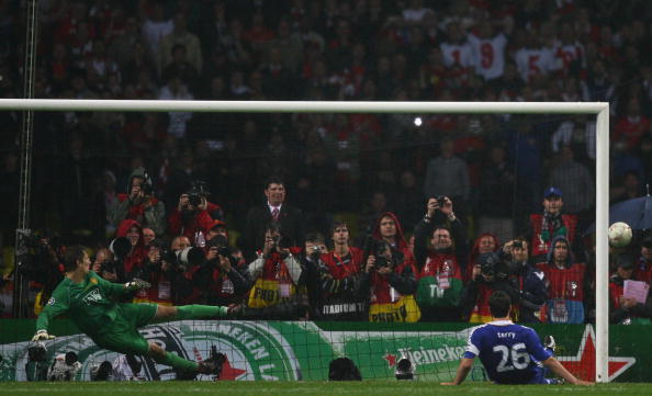 John Terry slips onto his back and misses the crucial penalty for Chelsea against Manchester United in the 2008 UEFA Champions League final at the Luzhniki Stadium in Moscow without the excuse of having a dog on a lead ©Getty Images